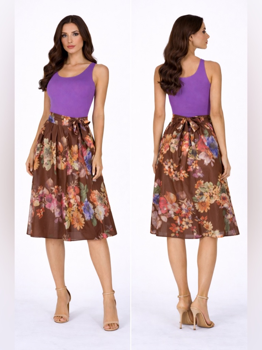 CEMI CERI Floral Brown A-Line Midi Skirt - Brown Floral